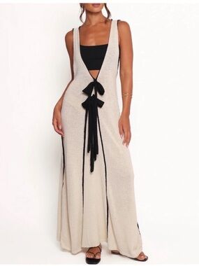 Mable Sleeveless Beige Knit Tie-Front Dress with Black Trim